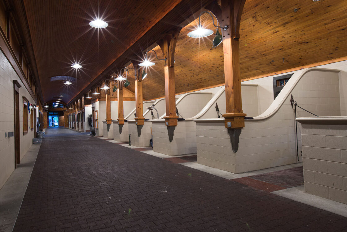 custom built equine washing stations that are colored white with wooden columns standing out on each single one