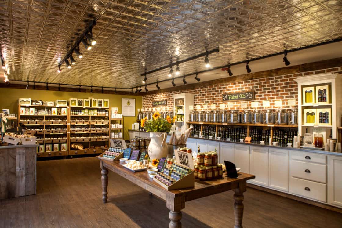 interior of store with olive oil and and food selection