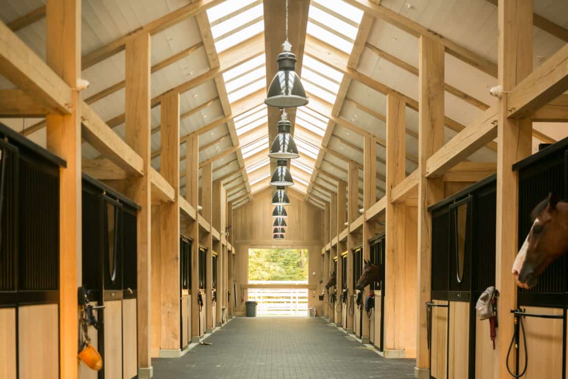 symmetrical view of horse stables inside of newly built equestrian facility
