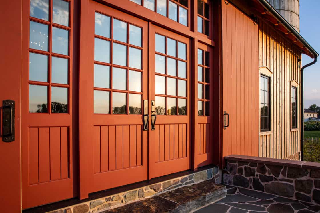 symmetrical entrance doors to party barn