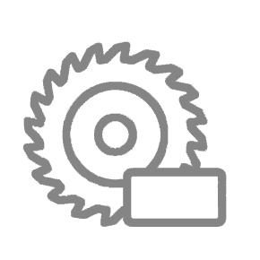 A simple gray icon of a circular saw blade with a rectangular piece of wood in front, on a light background—perfect for illustrating luxury home or party barn construction projects.