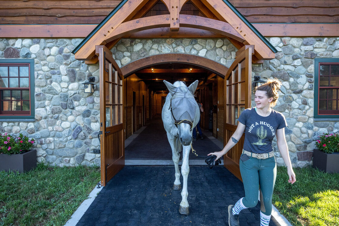 blindfolded horse being led out of a barn by a trainer across a paved walking surface