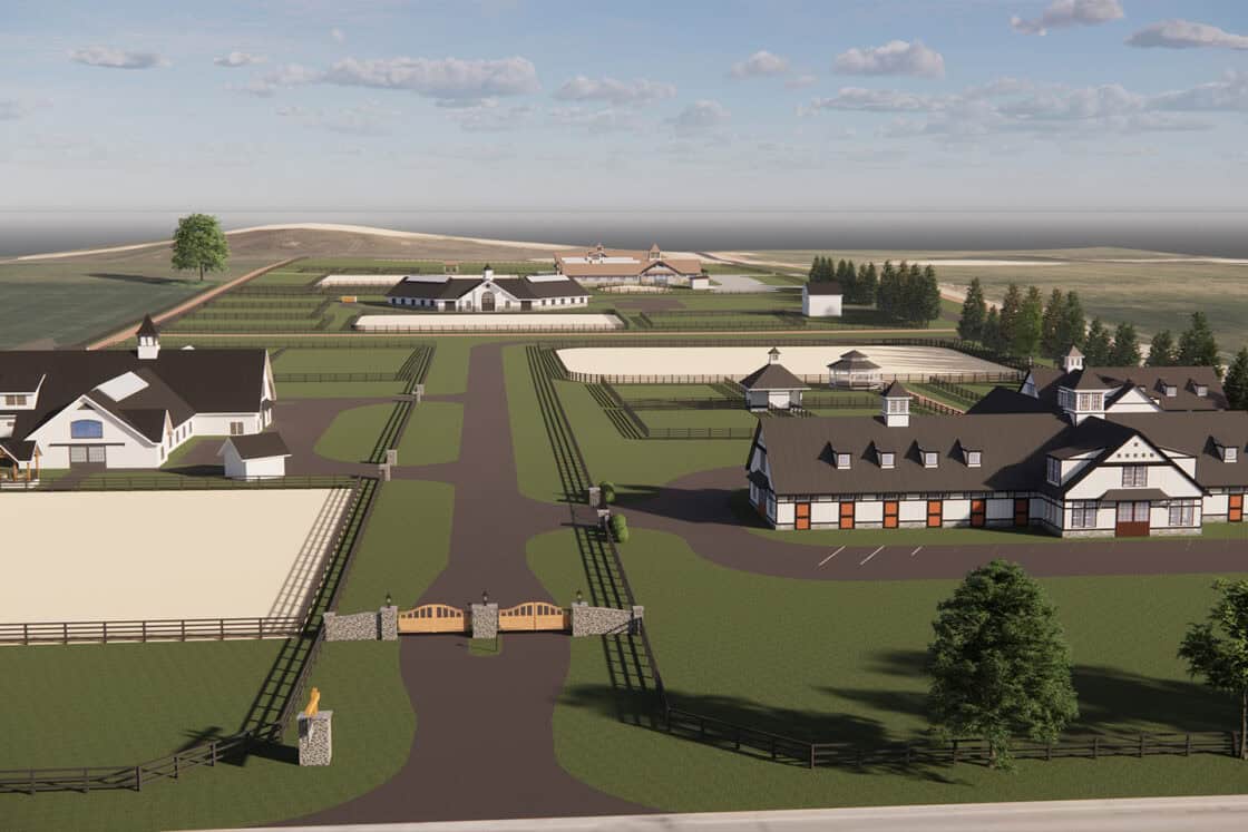 3d rendering of a full equine facility with multiple barns and riding surfaces