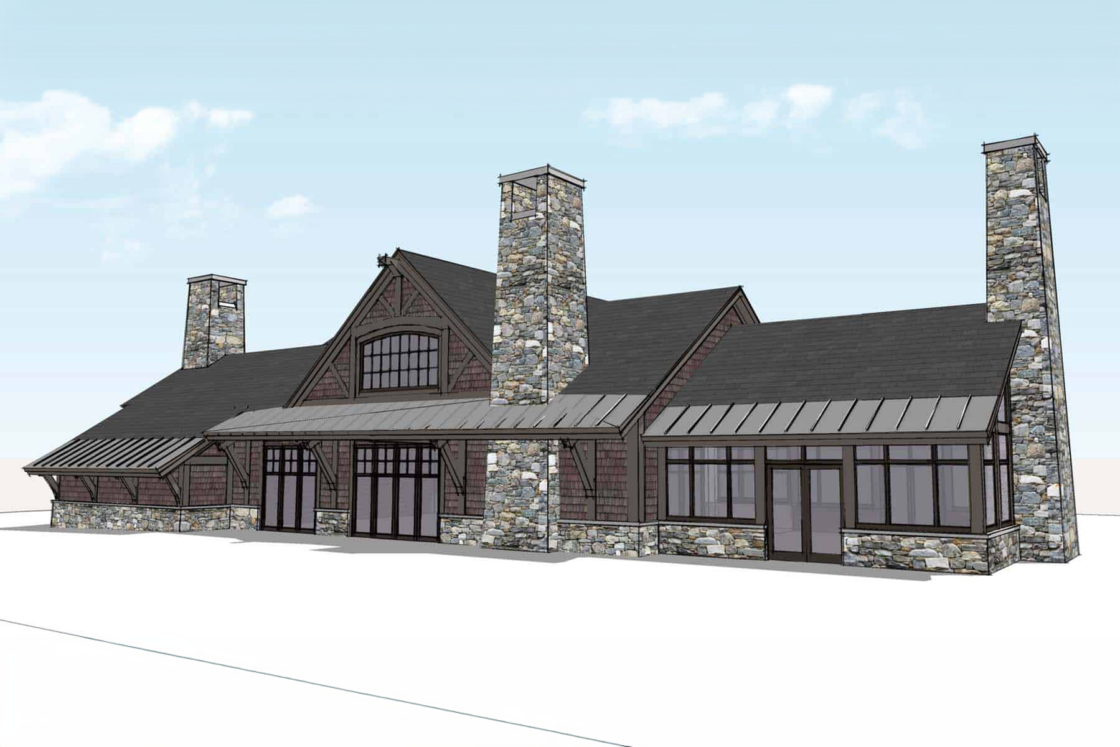 Architectural rendering of a luxury home inspired by lodge design, featuring three prominent stone chimneys, dark wood siding, large windows, and a sloped metal roof against a blue sky.
