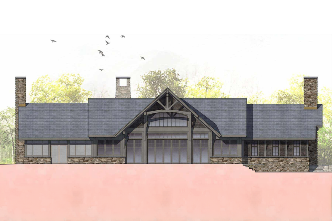 Architectural rendering of a single-story party barn-style lodge with a gabled roof, large windows, stone accents, and chimneys, set against a backdrop of trees and a sky with flying birds.