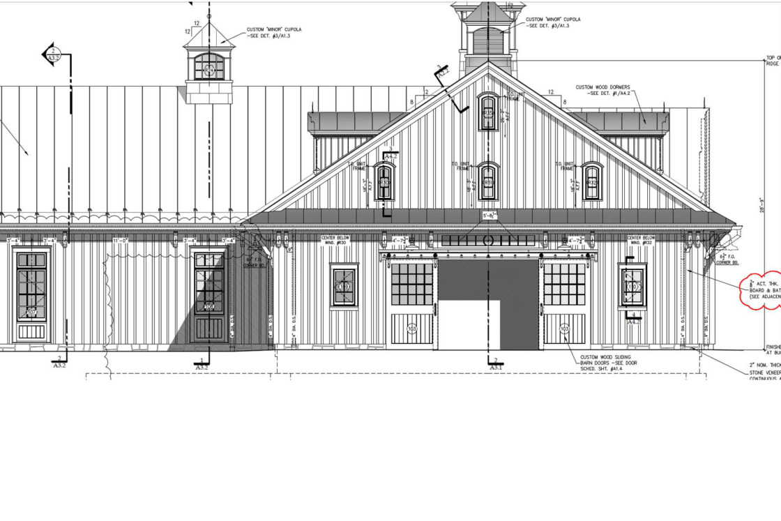 Architectural elevation drawing of a luxury horse barn-style building with vertical siding, multiple windows, a large central door, roof cupola, and detailed measurements and construction notes throughout.