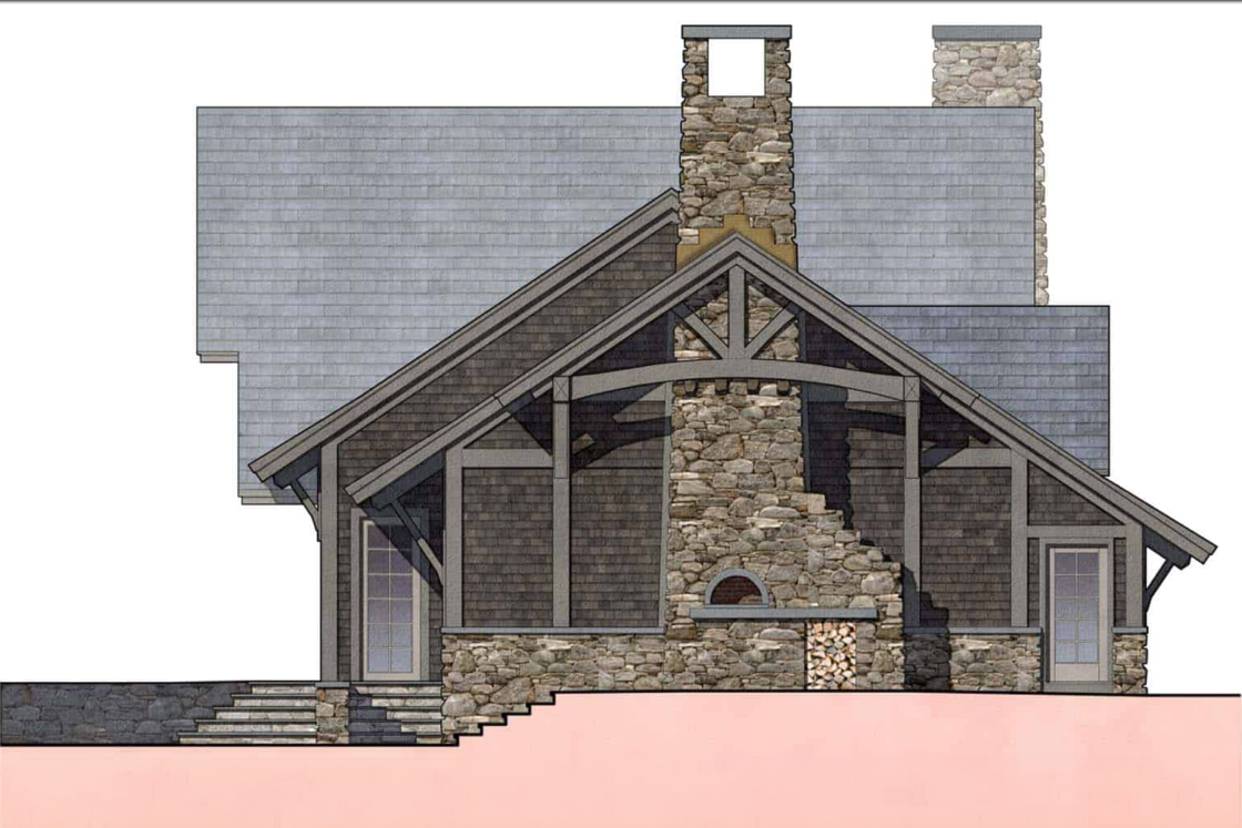 Architectural drawing of a luxury home’s rustic exterior featuring a large stone chimney, stone walls, wood truss porch, outdoor fireplace, and shingle roof. Stairs lead up to the entrance on the left.
