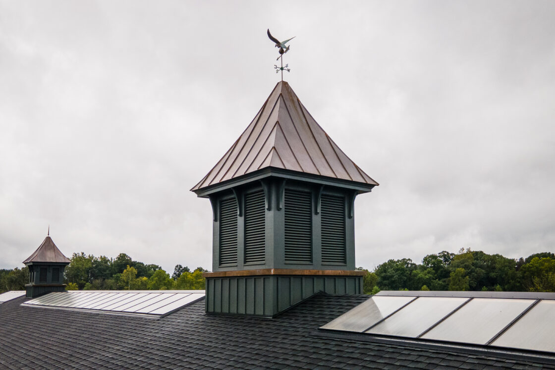 A luxury home with a rooftop featuring two cupolas, each topped with a weather vane. The larger cupola boasts a copper roof and bird-shaped vane, set under a cloudy sky with trees in the background.