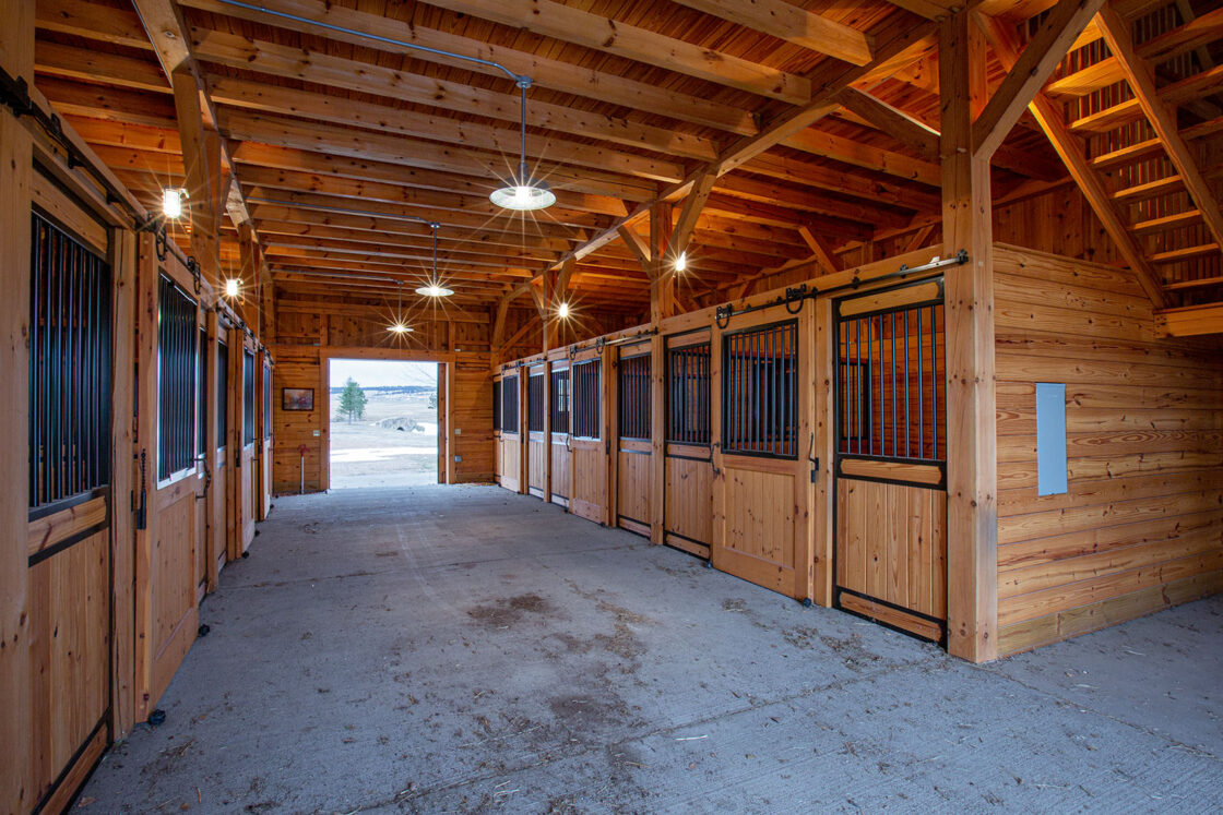 Interior of a clean wooden luxury horse barn with empty stalls on both sides, bright ceiling lights, and an open doorway revealing an outdoor scene in the distance.