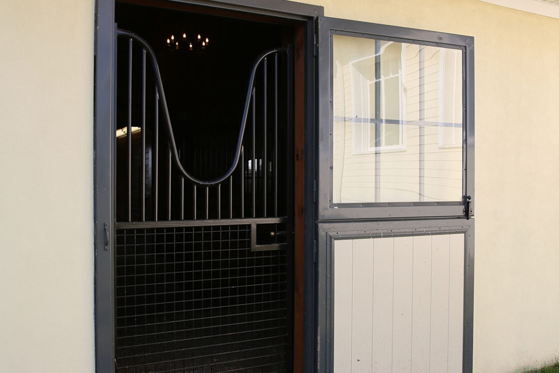 An open stable door with a metal grate and half-door at the bottom leads into a party barn with pale yellow walls, a white roof, and green grass outside.