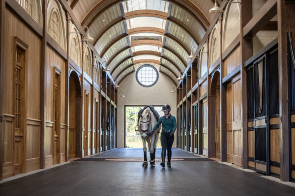 custom horse stall with a narrow row of windows straight down the roof with a horse and rider standing directly beneath them
