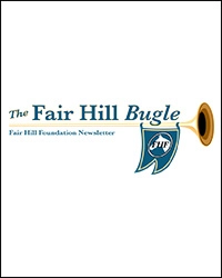 Logo for The Fair Hill Bugle newsletter, featuring the text and an illustration of a bugle with a blue banner displaying the Fair Hill Foundation emblem and a classic bank barn in the background.