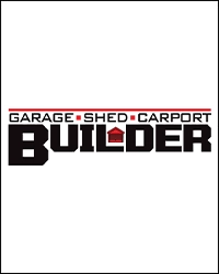 Logo with the words Garage Shed Carport Builder in black, with a red line and dots between the words. The U in Builder is stylized with a small red house roof over it. Perfect for luxury home or bank barn projects. White background.