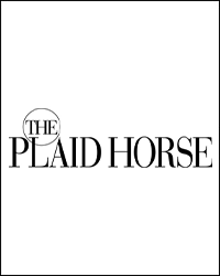 Black text on a white background reads THE PLAID HORSE, with THE in a small circle overlapping the P in PLAID HORSE. This simple, minimalist logo design evokes the timeless elegance of a luxury horse barn.