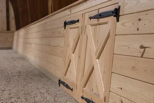A close-up view of a wooden barn door with black hinges set into a light wood-paneled wall, surrounded by sandy flooring and arched wooden ceiling beams in a luxury horse barn.