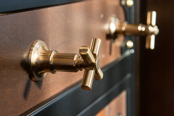 Close-up of two brass water spigots mounted on a dark wood and metal-panel wall in a luxury horse barn, with black metal bars above and a horizontal metal rail below.